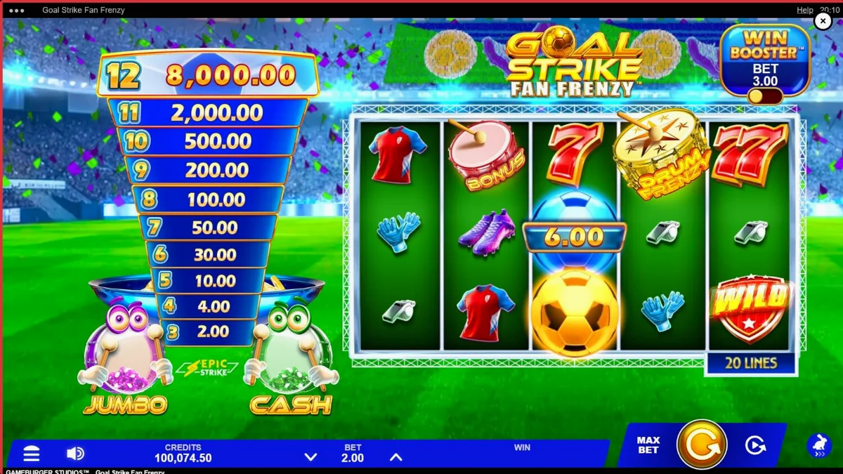 Tampilan antarmuka seluler dari permainan slot Goal Strike Fan Frenzy yang menampilkan grafis stadion sepak bola yang meriah.