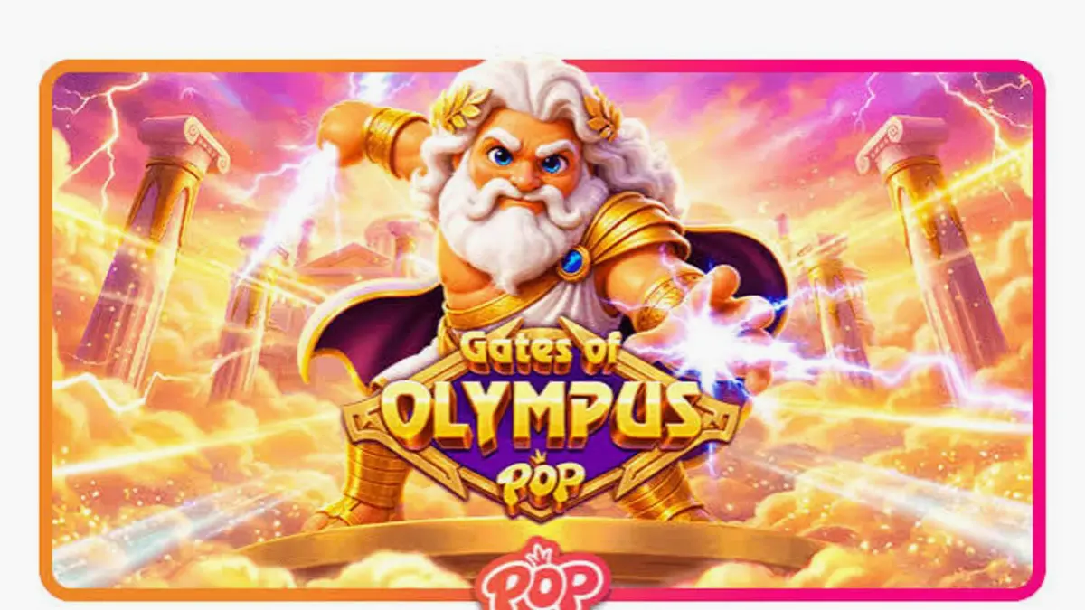 Tampilan visual slot Gates of Olympus POP dengan grid 3x5 dan latar belakang Olympus yang megah